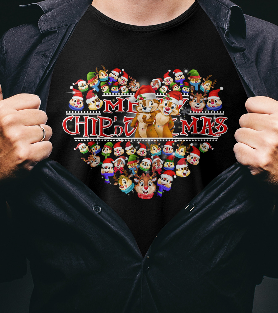 Merry Chip N Dale Christmas Heart With Festive Faces T-Shirt