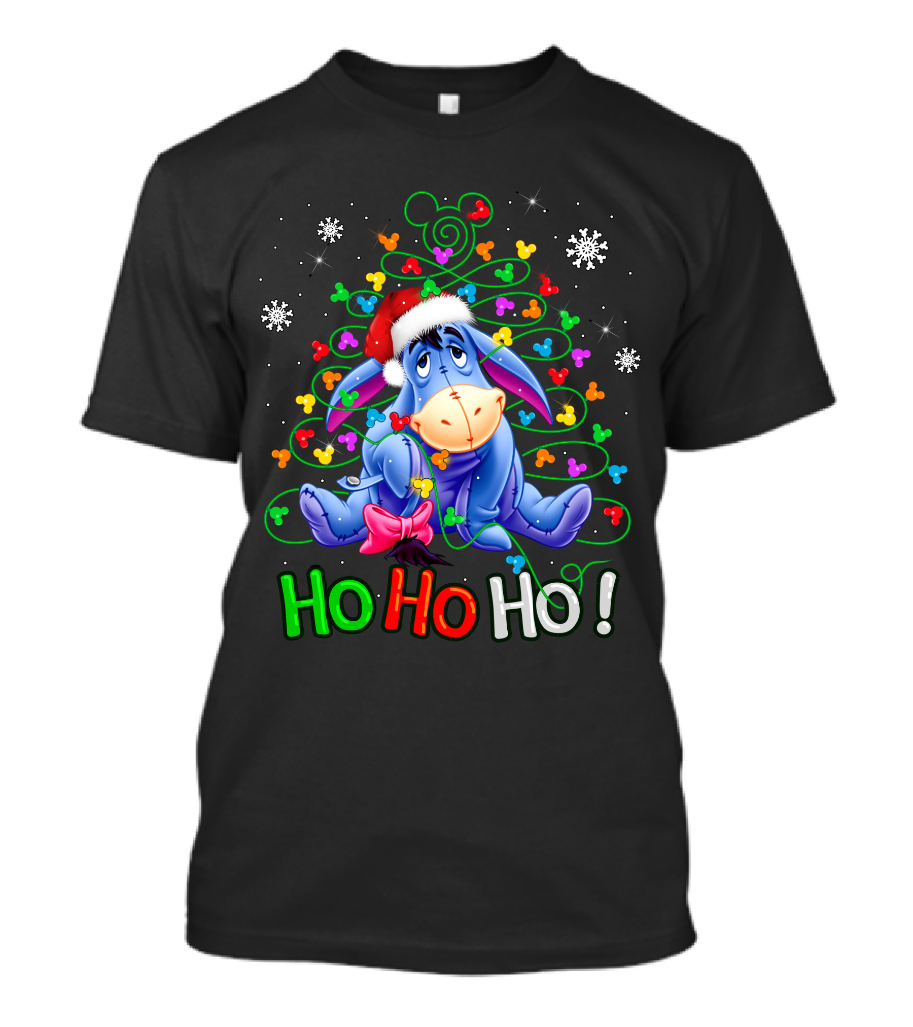 Eeyore Ho Ho Ho Christmas Tree Santa Hat Snowflakes Holiday Disney T-Shirt