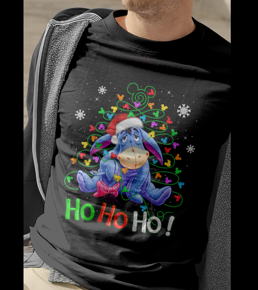 Eeyore Ho Ho Ho Christmas Tree Santa Hat Snowflakes Holiday Disney T-Shirt