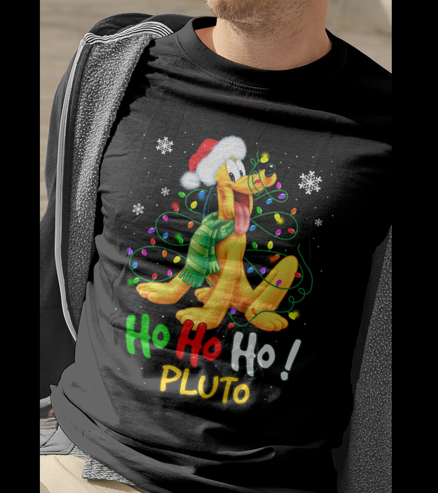 Pluto Ho Ho Ho Christmas Lights Santa Hat T-Shirt