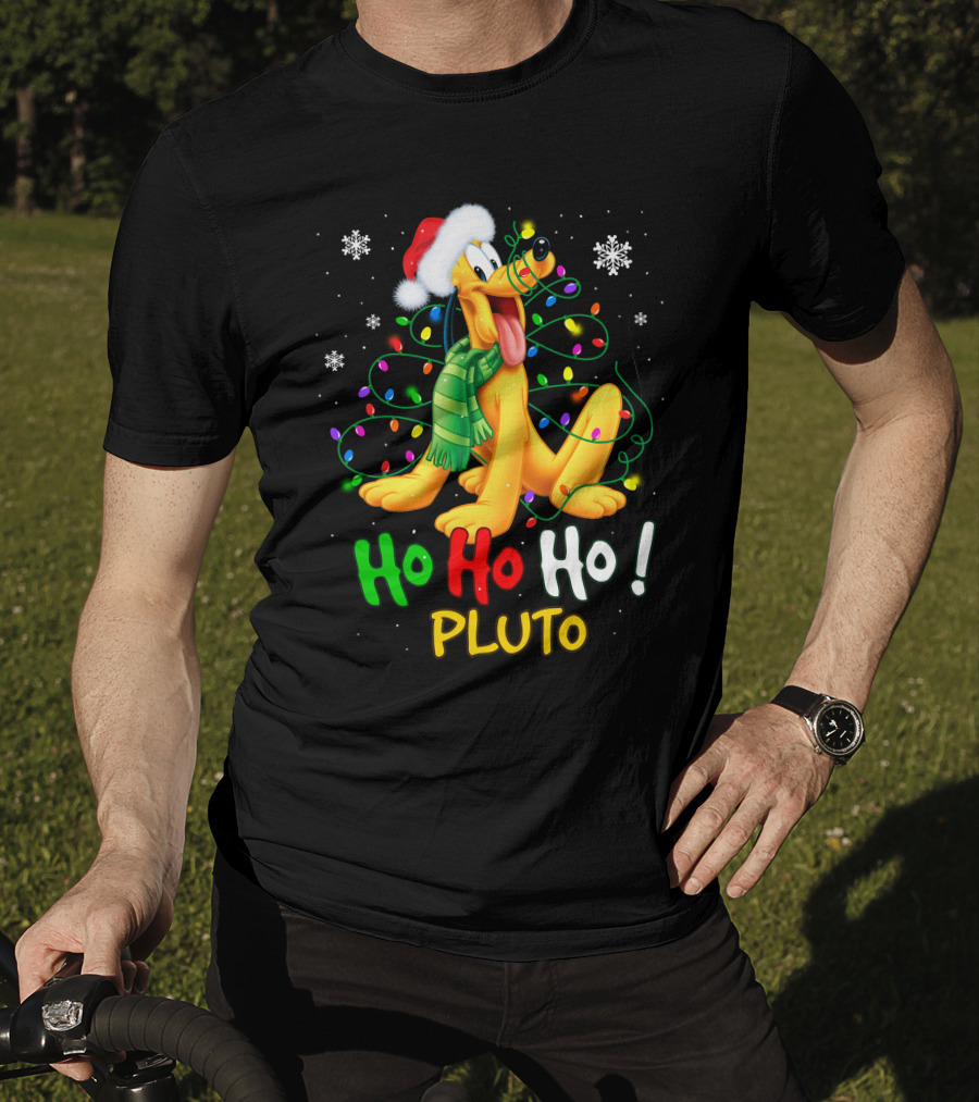Pluto Ho Ho Ho Christmas Lights Santa Hat T-Shirt