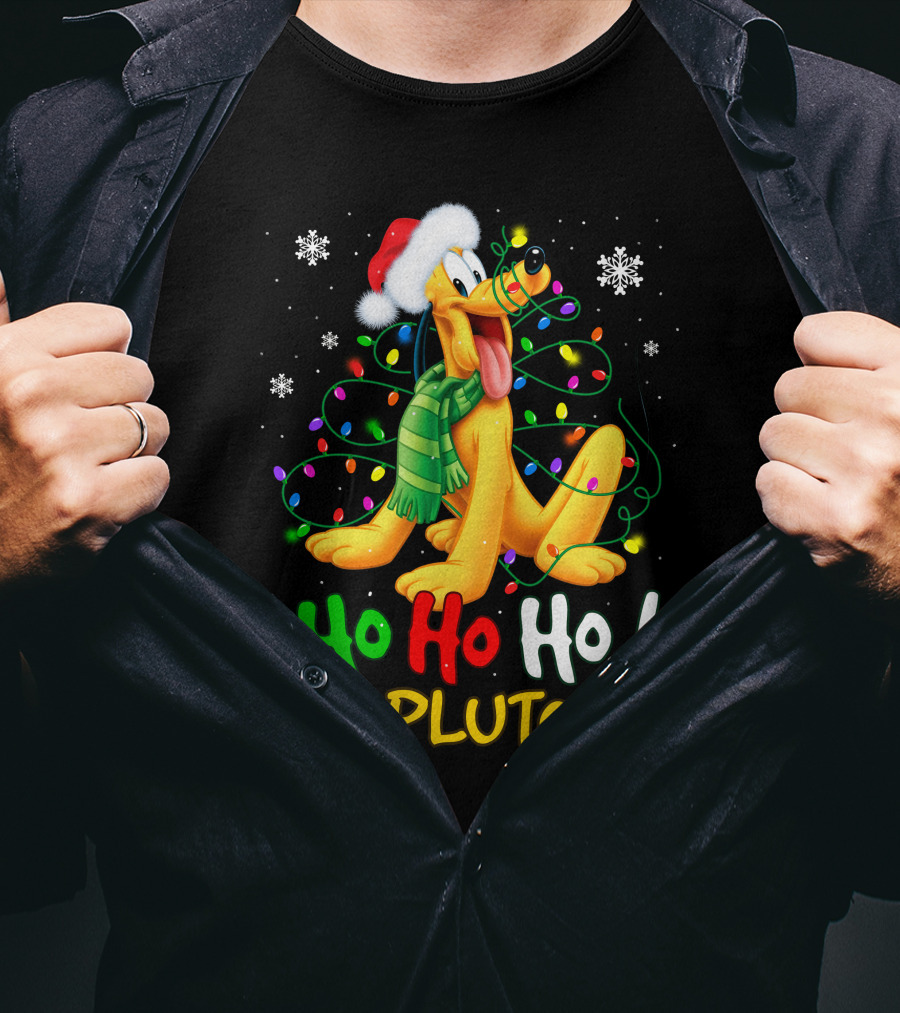 Pluto Ho Ho Ho Christmas Lights Santa Hat T-Shirt