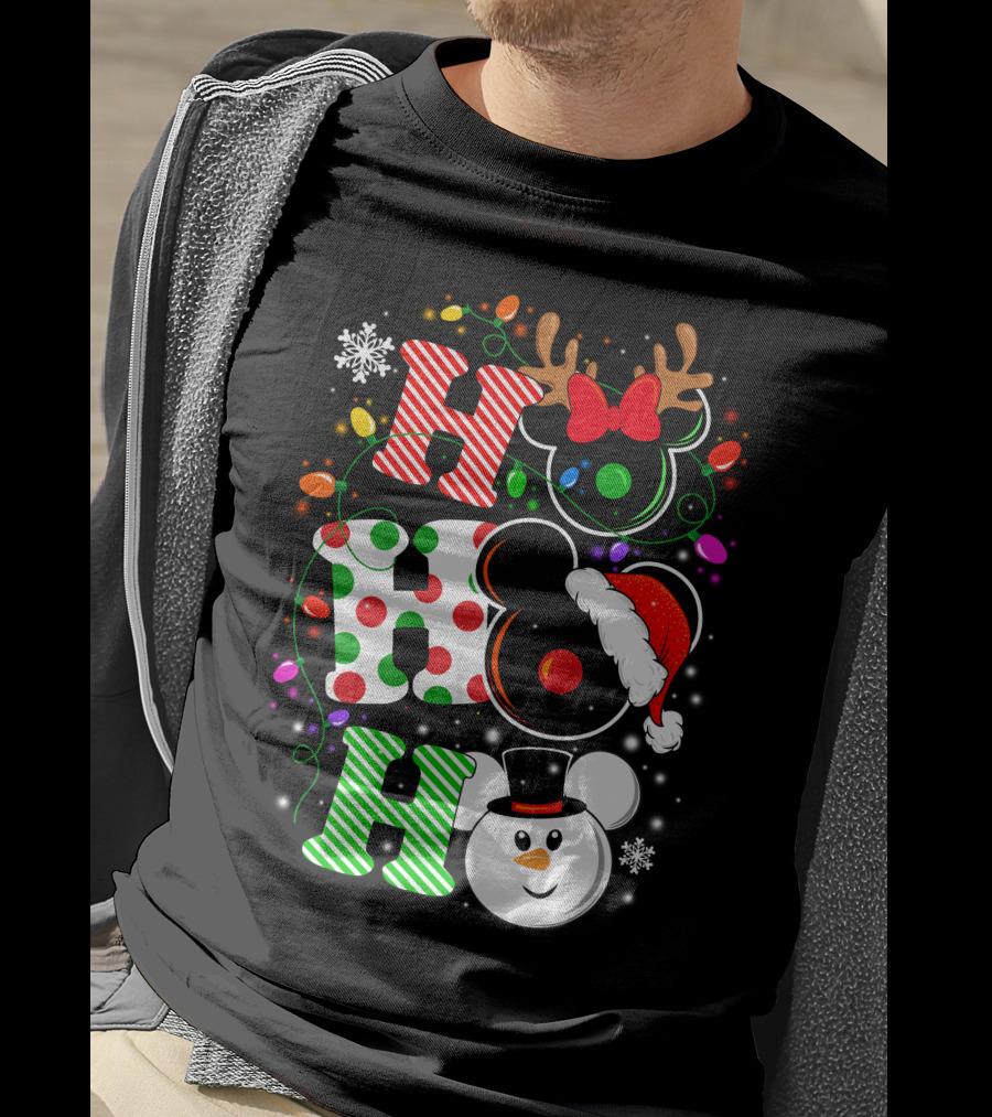 Disney Hohoho Christmas Mickey Mouse Holiday Lights Santa Hat Snowman Antlers T-Shirt