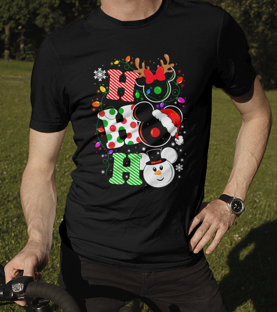 Disney Hohoho Christmas Mickey Mouse Holiday Lights Santa Hat Snowman Antlers T-Shirt