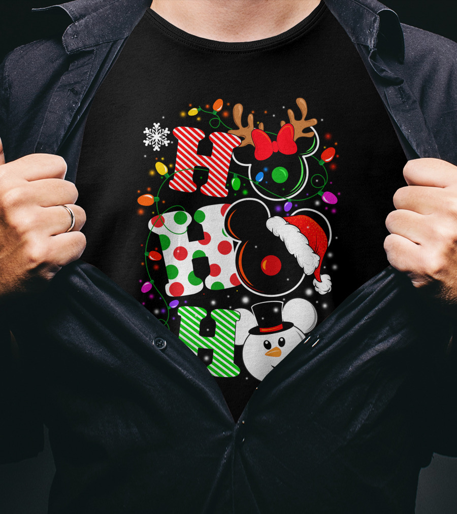 Disney Hohoho Christmas Mickey Mouse Holiday Lights Santa Hat Snowman Antlers T-Shirt