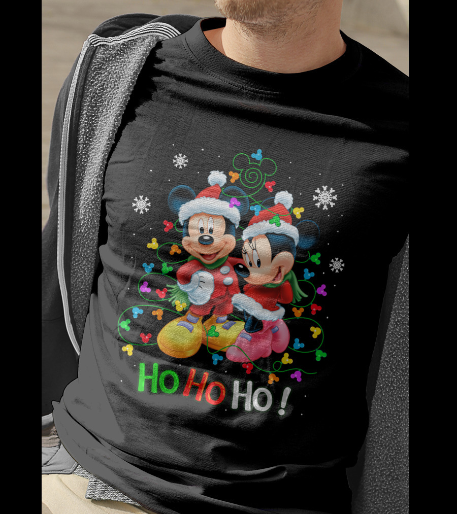 Mickey And Minnie Hohoho Christmas Santa Hats Snowflakes Holiday Tree Lights T-Shirt