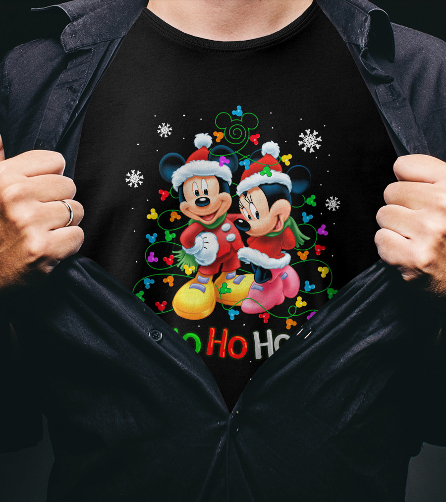 Mickey And Minnie Hohoho Christmas Santa Hats Snowflakes Holiday Tree Lights T-Shirt