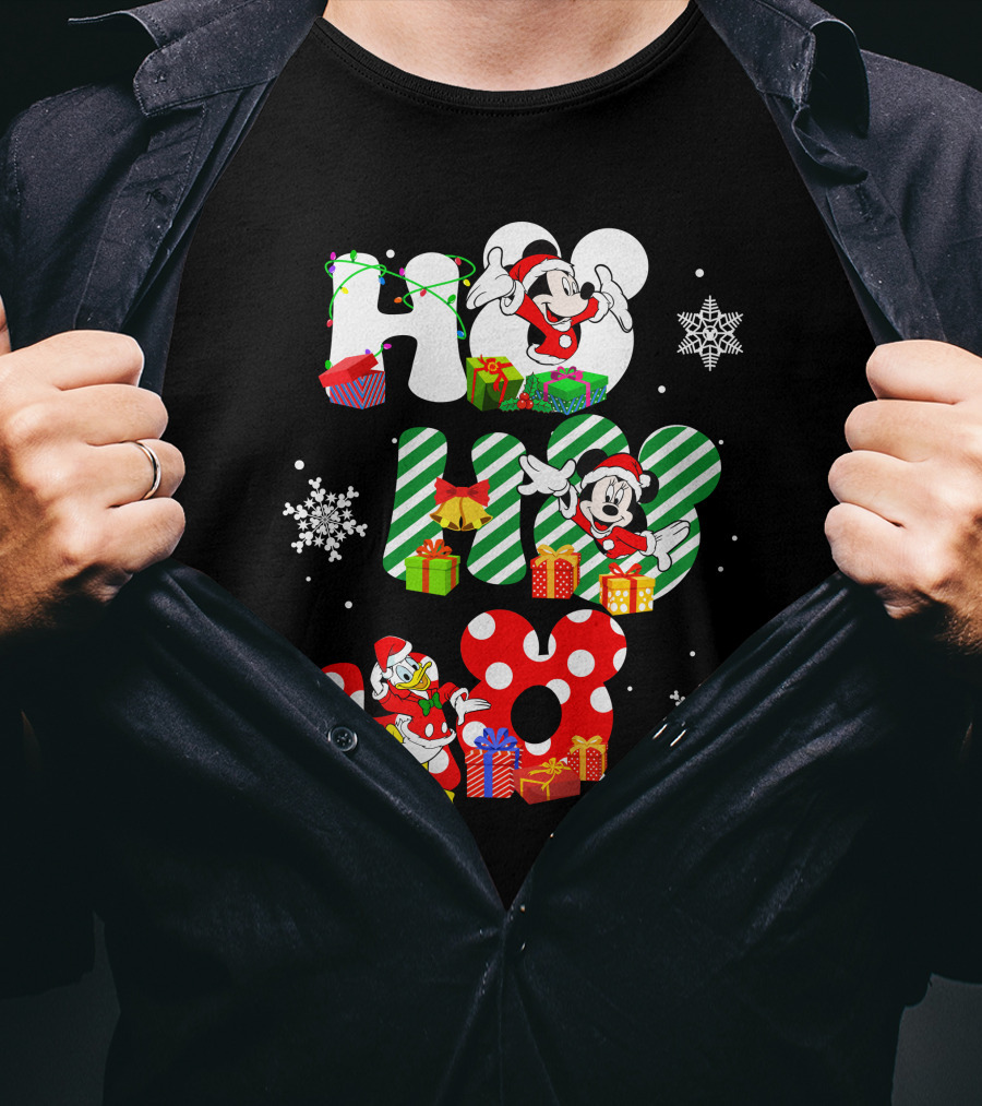 Mickey Mouse And Donald Duck Ho Ho Ho Christmas Snowflakes And Presents T-Shirt