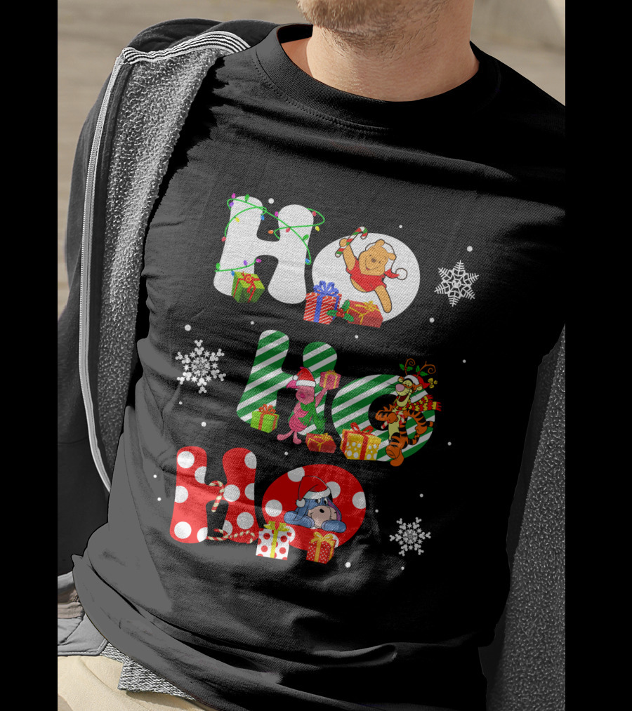 Ho Ho Ho Christmas Winnie The Pooh With Piglet Tigger Eeyore Holiday Snowflakes And Gifts T-Shirt