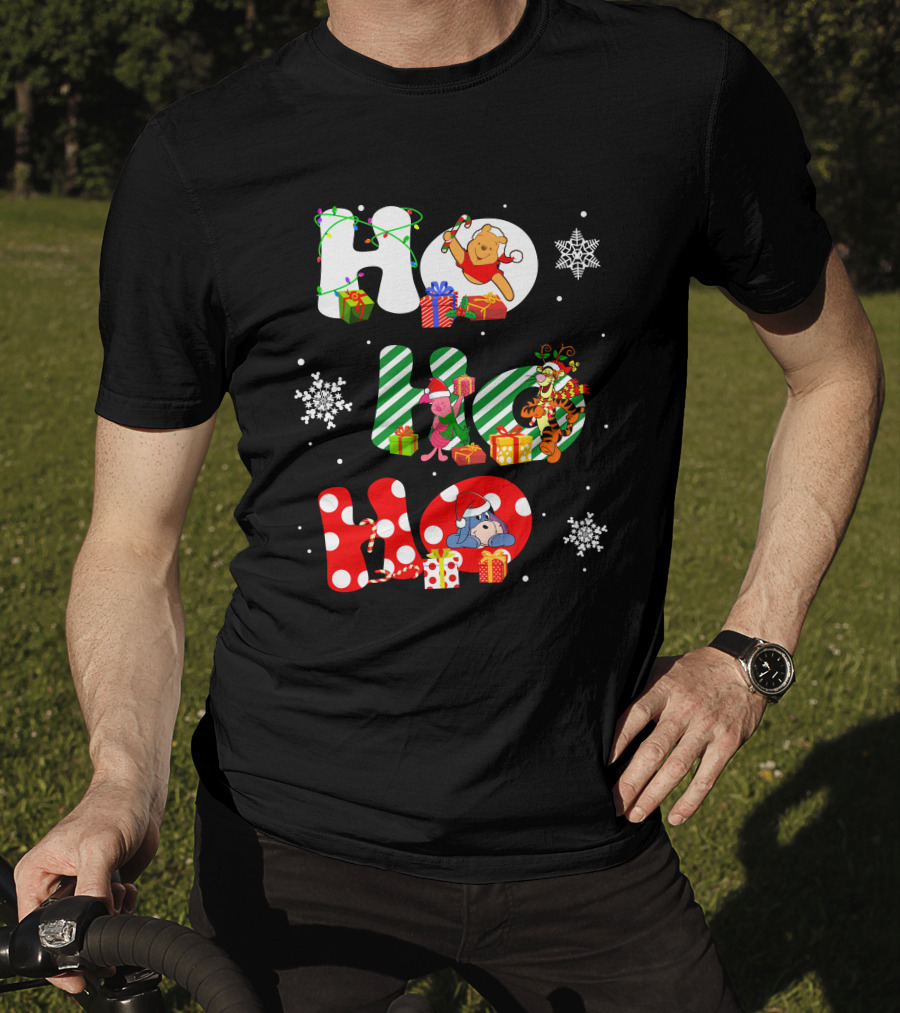 Ho Ho Ho Christmas Winnie The Pooh With Piglet Tigger Eeyore Holiday Snowflakes And Gifts T-Shirt