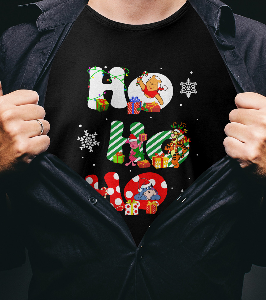 Ho Ho Ho Christmas Winnie The Pooh With Piglet Tigger Eeyore Holiday Snowflakes And Gifts T-Shirt