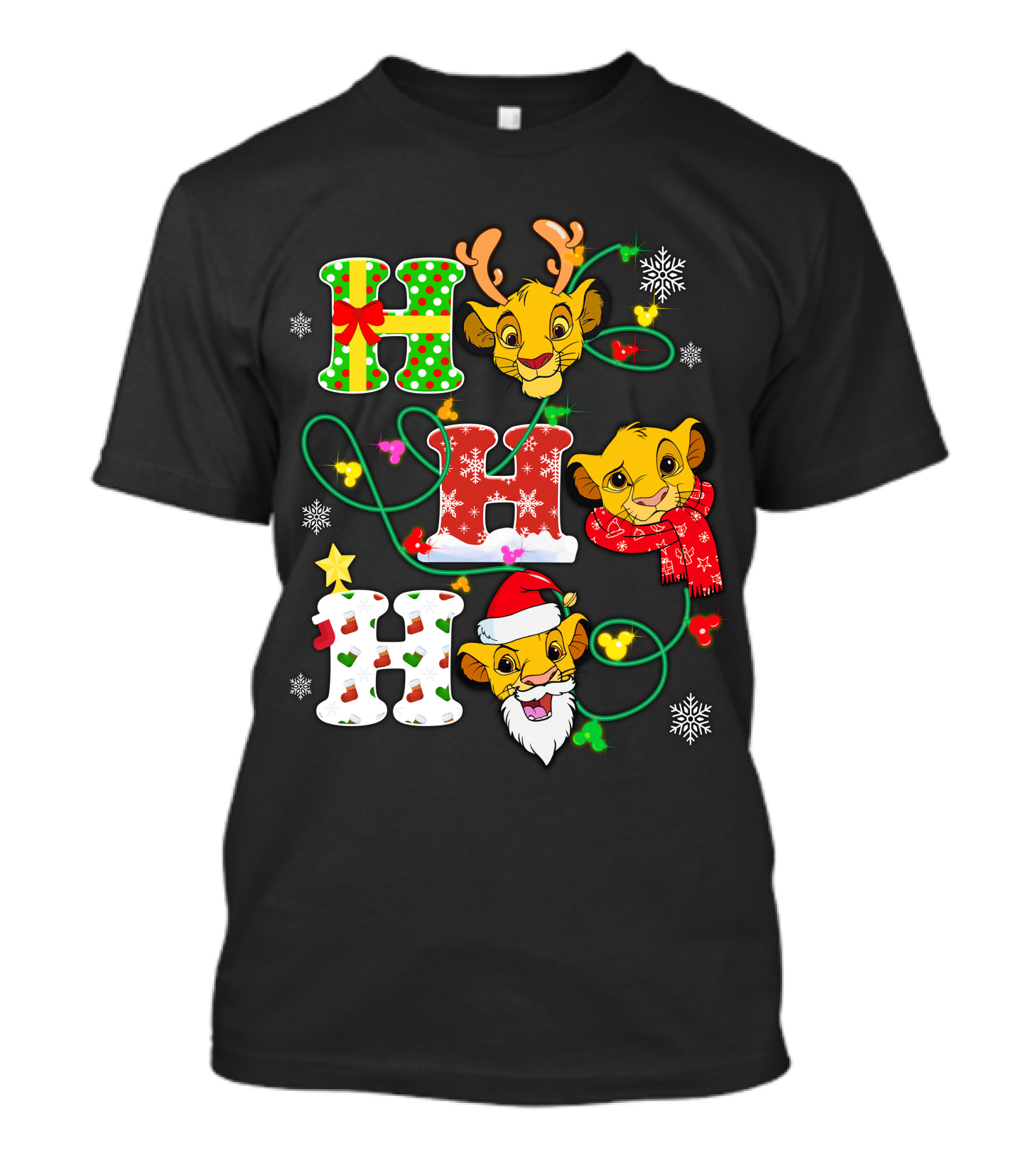 Simba Hohoho Christmas Holiday Festive Lion King Image With Santa Hat Reindeer Antlers Scarf Snowflakes T-Shirt