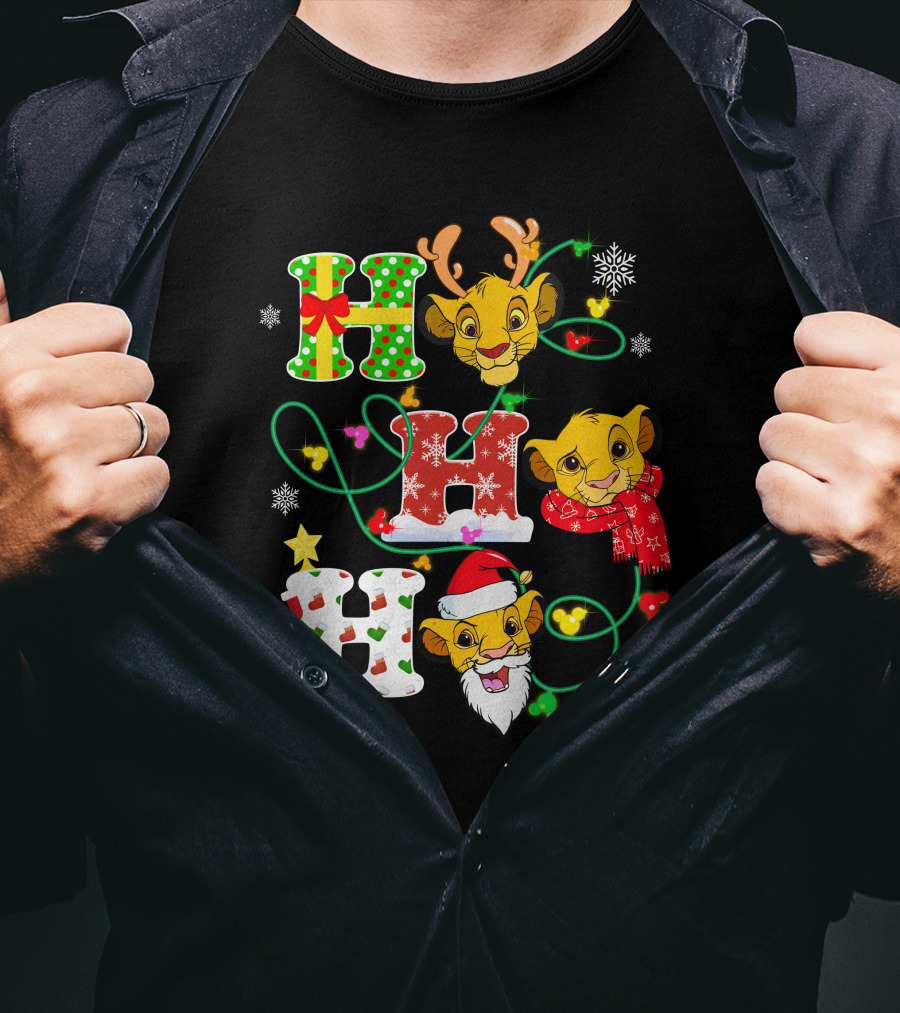 Simba Hohoho Christmas Holiday Festive Lion King Image With Santa Hat Reindeer Antlers Scarf Snowflakes T-Shirt