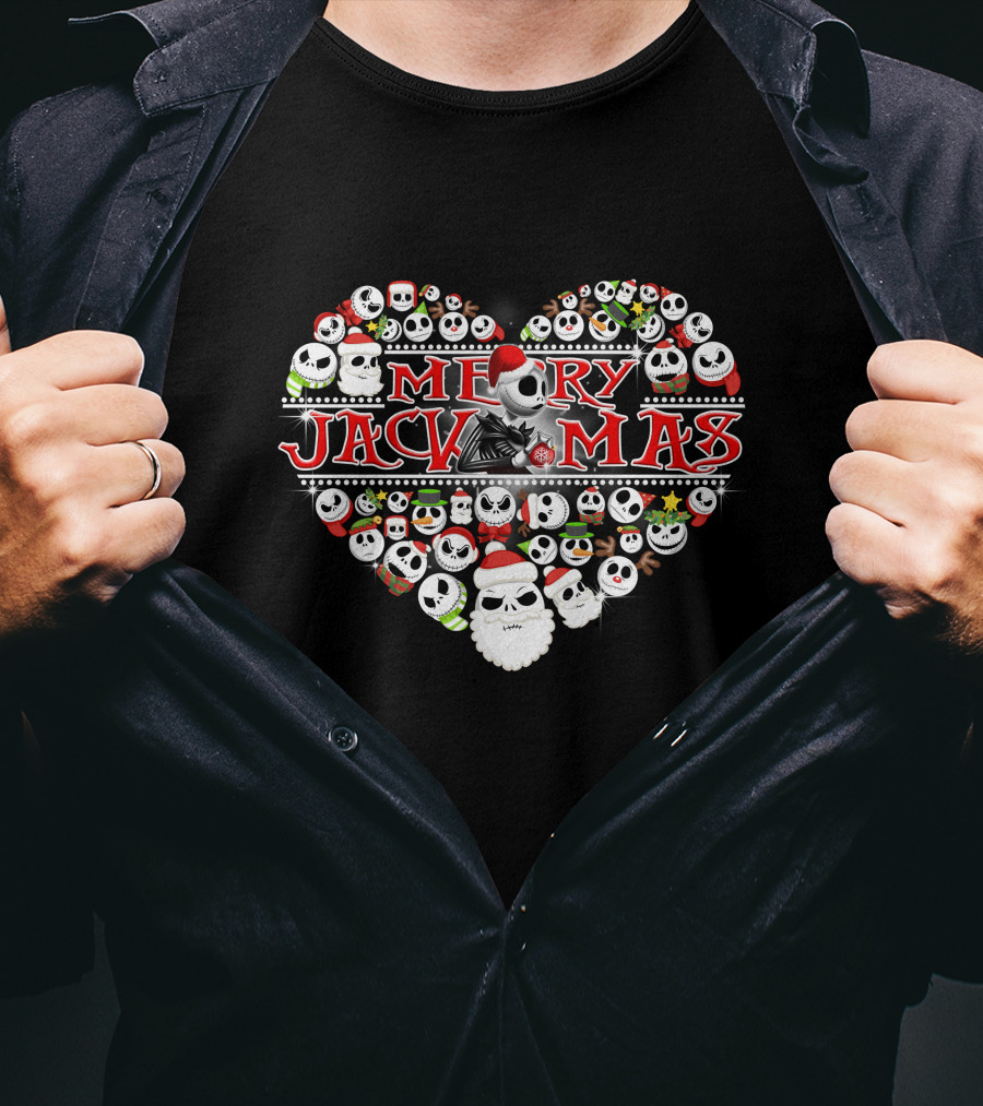 Merry Jackmas Heart Design With Santa Hats And Skulls T-Shirt