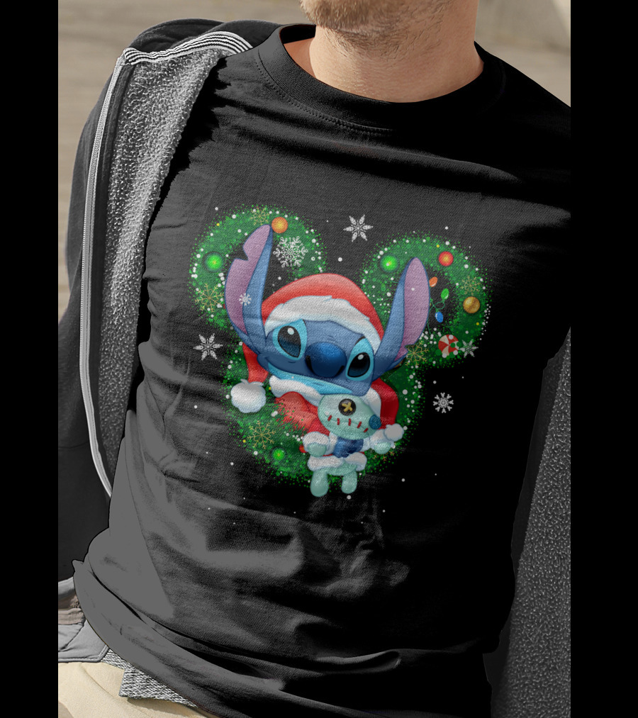 Stitch Christmas Santa Hat Holiday Wreath Snowflakes T-Shirt