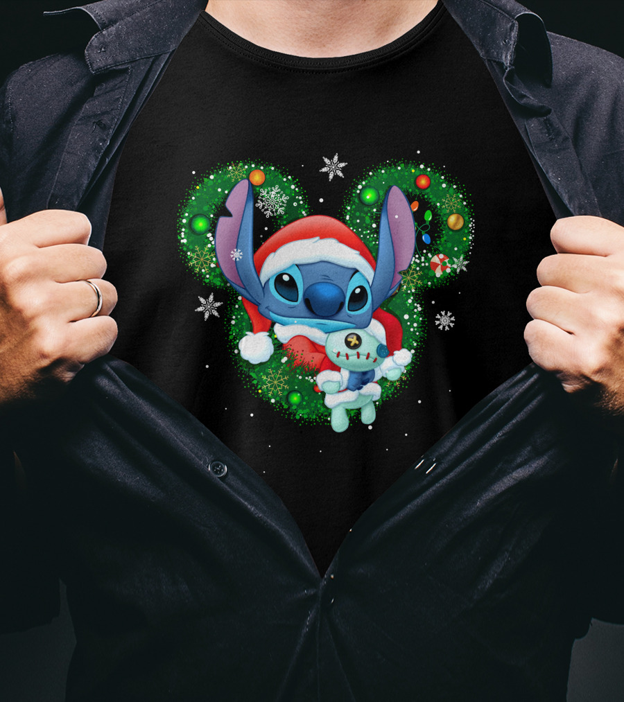 Stitch Christmas Santa Hat Holiday Wreath Snowflakes T-Shirt