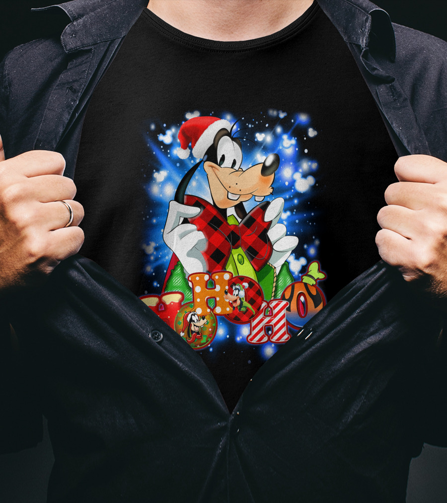 Goofy Hohoho Christmas Santa Hat Festive Bow Holiday Lights T-Shirt
