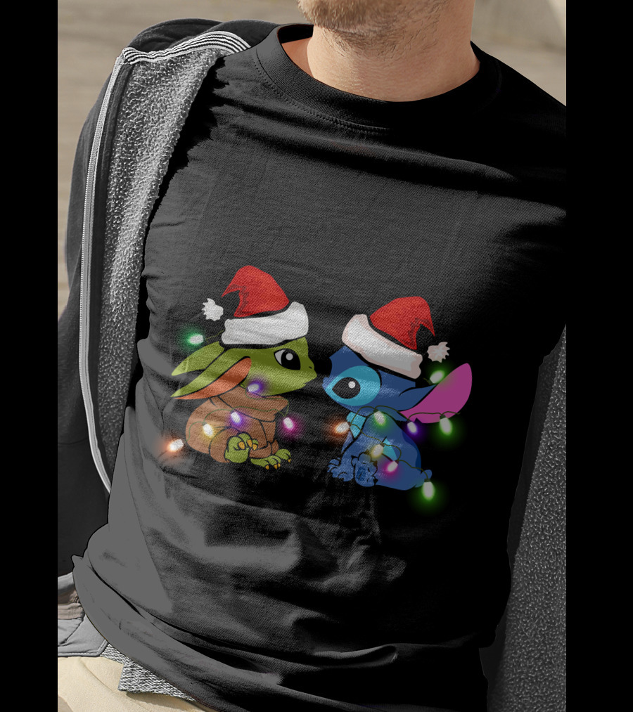 Baby Yoda And Stitch Christmas Lights Santa Hats T-Shirt