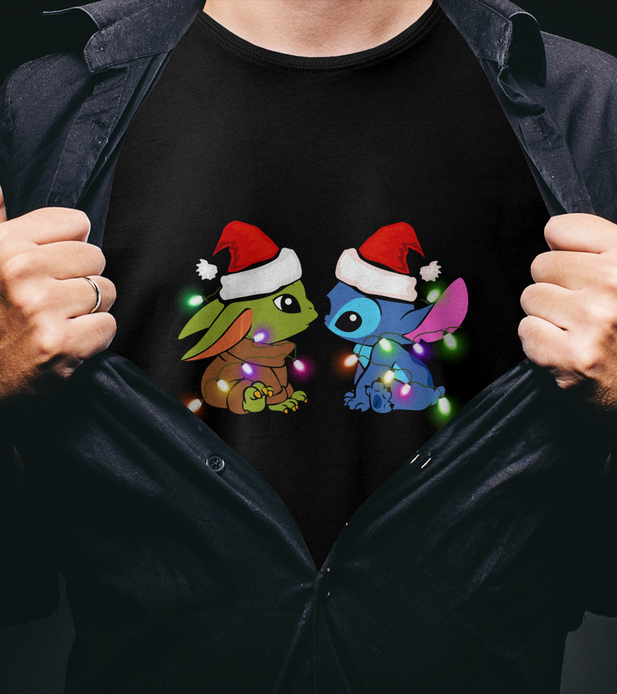 Baby Yoda And Stitch Christmas Lights Santa Hats T-Shirt