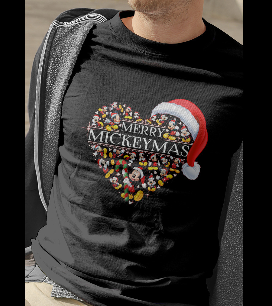 Merry Mickeymas Christmas Heart With Santa Hat And Mickey Characters T-Shirt