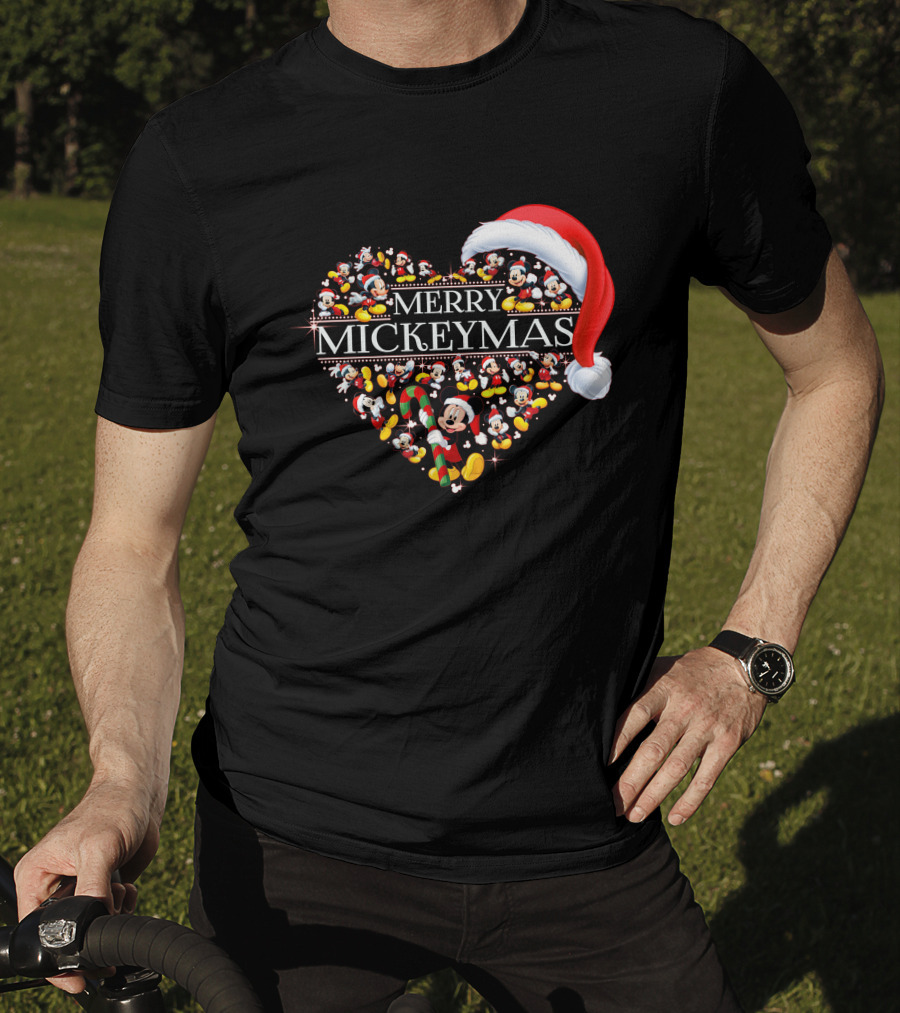 Merry Mickeymas Christmas Heart With Santa Hat And Mickey Characters T-Shirt