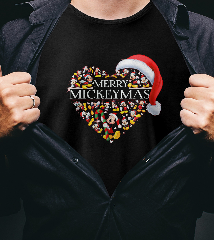 Merry Mickeymas Christmas Heart With Santa Hat And Mickey Characters T-Shirt