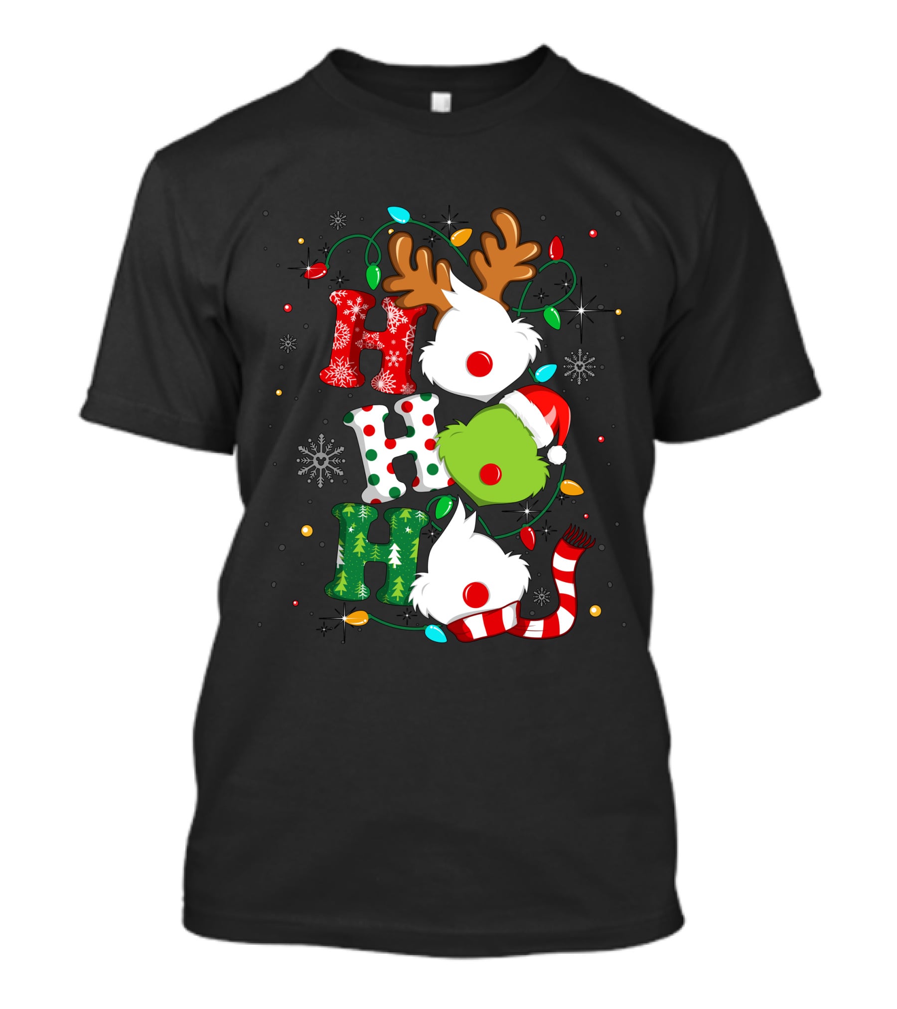 Grinch Ho Ho Ho Christmas Lights Reindeer Santa Hat Snowflakes T-Shirt