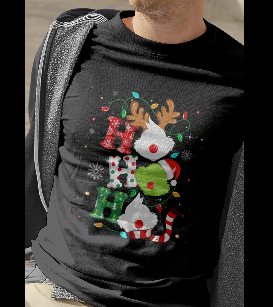Grinch Ho Ho Ho Christmas Lights Reindeer Santa Hat Snowflakes T-Shirt