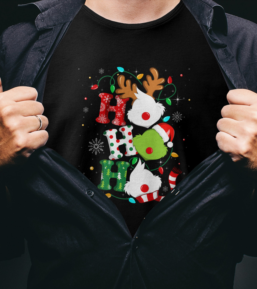 Grinch Ho Ho Ho Christmas Lights Reindeer Santa Hat Snowflakes T-Shirt