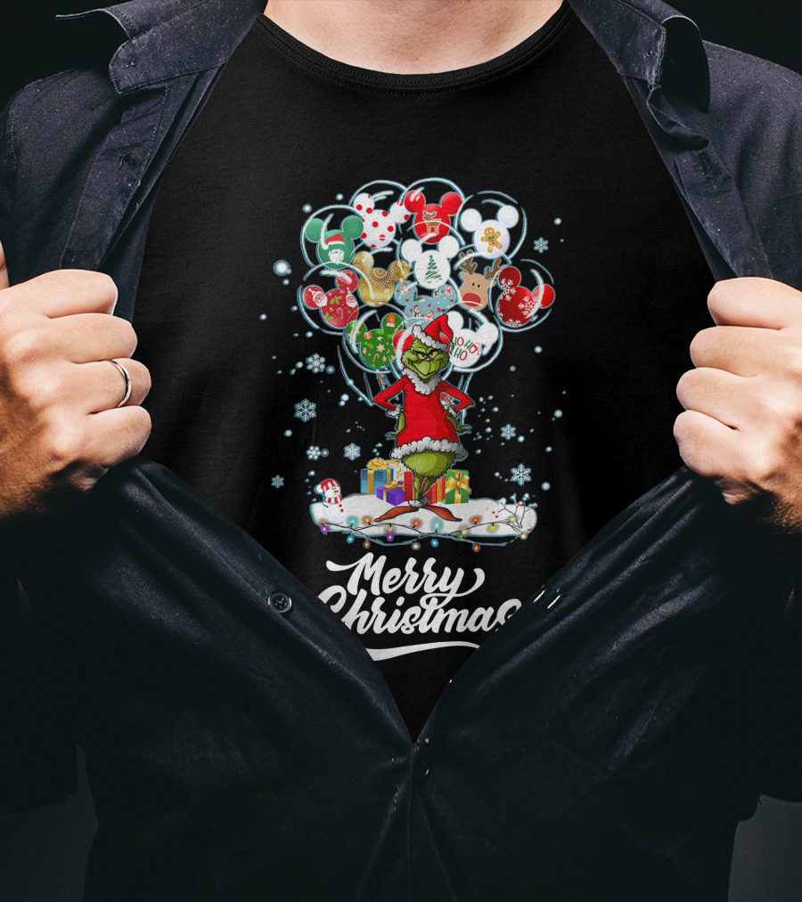 Merry Christmas Grinch Santa With Festive Ornaments And Presents T-Shirt