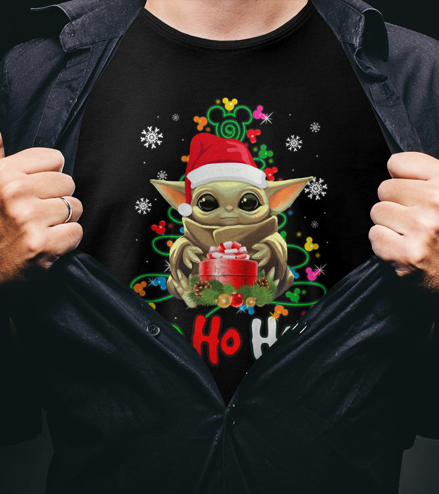 Ho Ho Ho Baby Yoda Christmas Santa Hat Gift Snowflakes T-Shirt