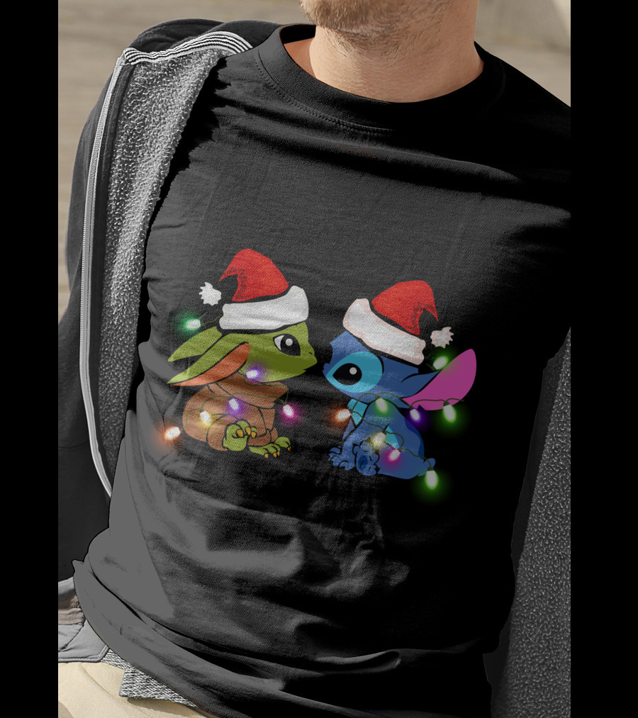 Santa Hat Baby Yoda And Stitch Christmas Lights T-Shirt