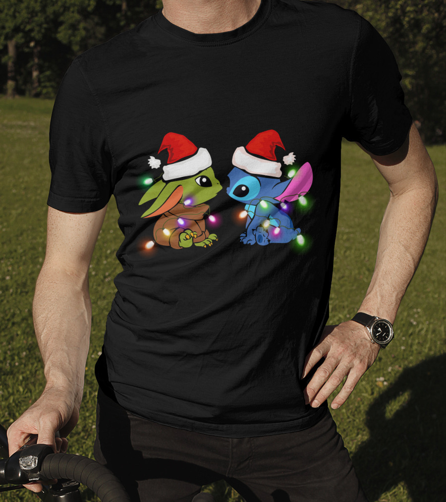 Santa Hat Baby Yoda And Stitch Christmas Lights T-Shirt