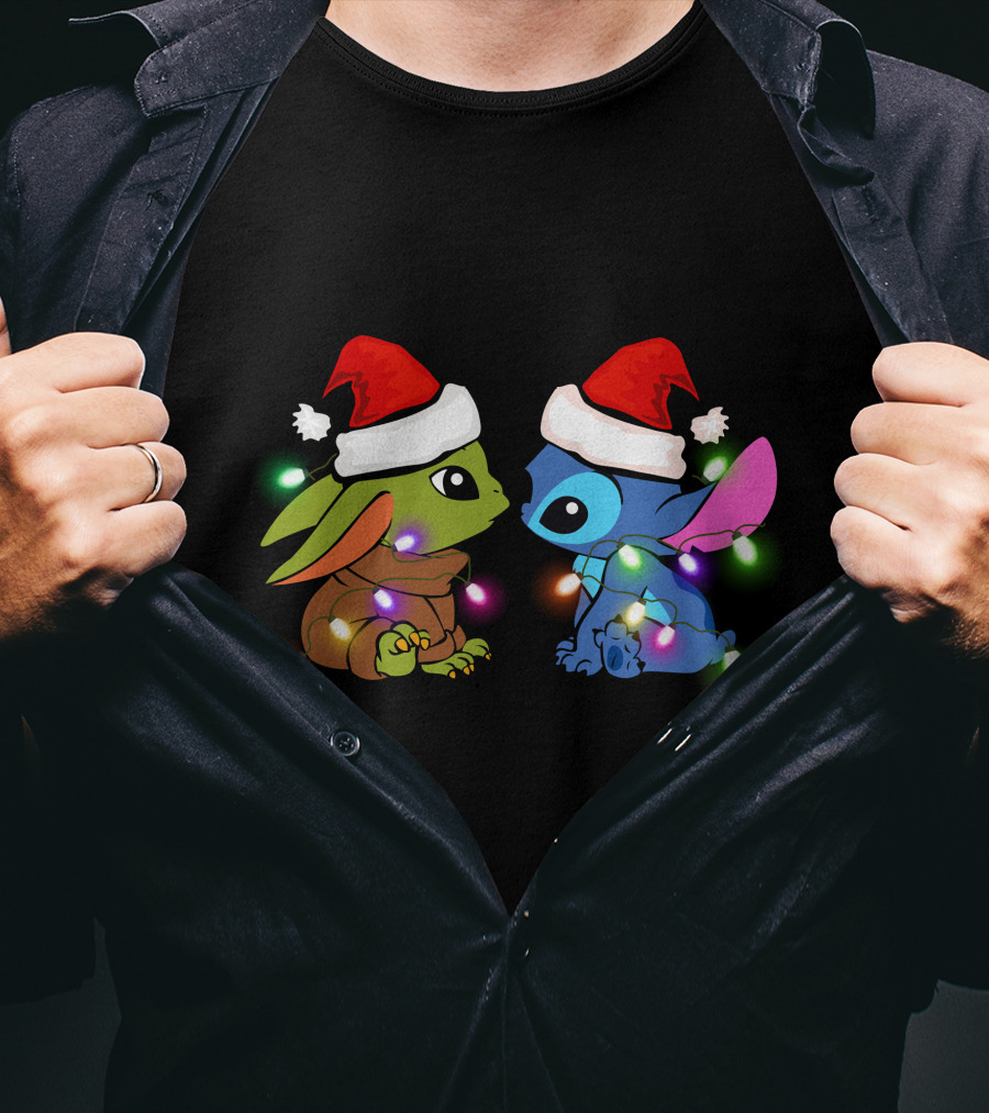 Santa Hat Baby Yoda And Stitch Christmas Lights T-Shirt