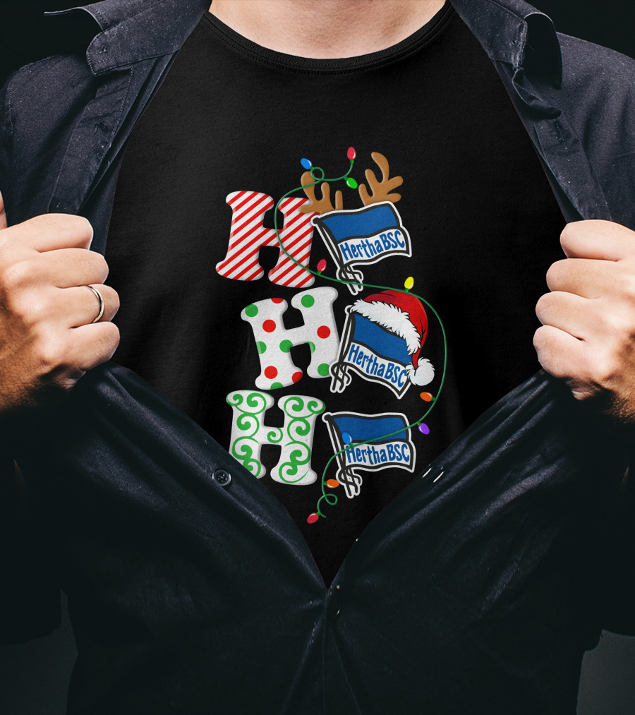 Hertha BSC Ho Ho Ho Christmas Lights Reindeer Santa Hat T-Shirt