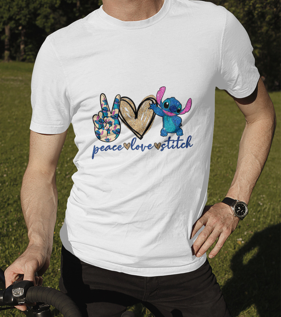 Peace Love Stitch Alien Character With Peace And Heart Symbols T-Shirt