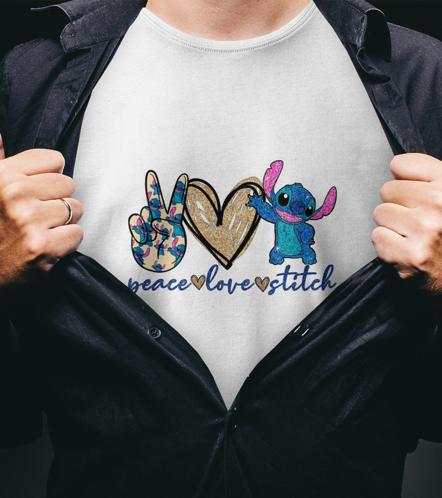 Peace Love Stitch Alien Character With Peace And Heart Symbols T-Shirt