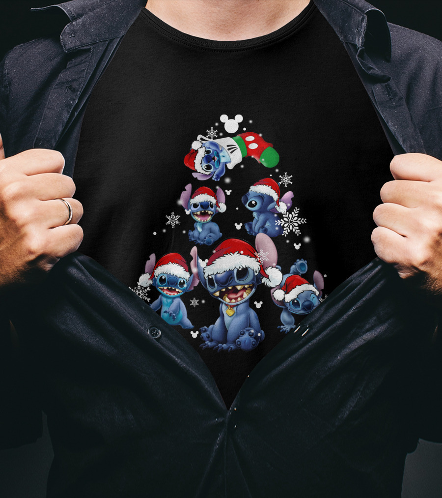 Stitch Christmas Tree With Santa Hat And Snowflakes T-Shirt