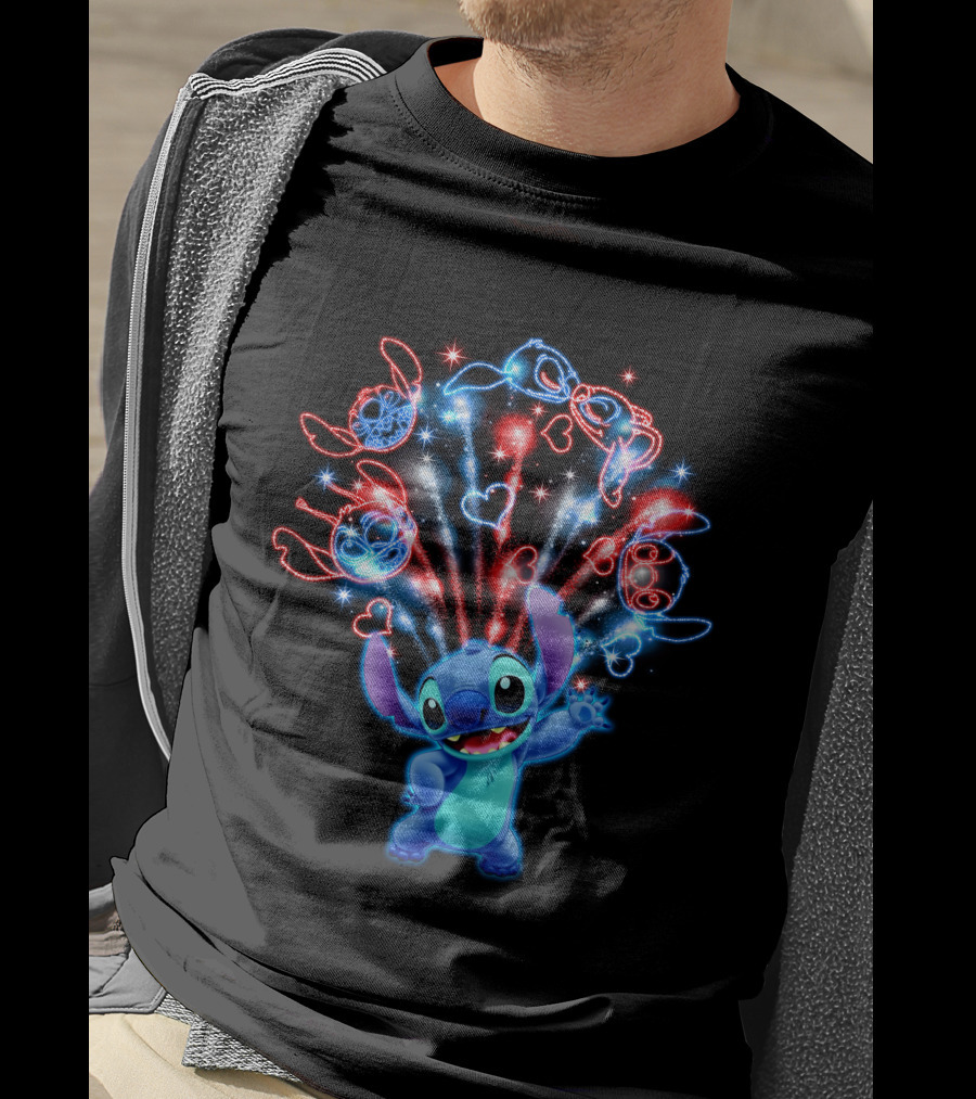 Stitch Magic Fireworks Burst Hearts And Glasses T-Shirt