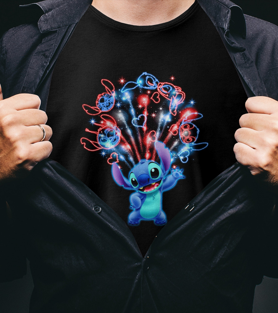Stitch Magic Fireworks Burst Hearts And Glasses T-Shirt