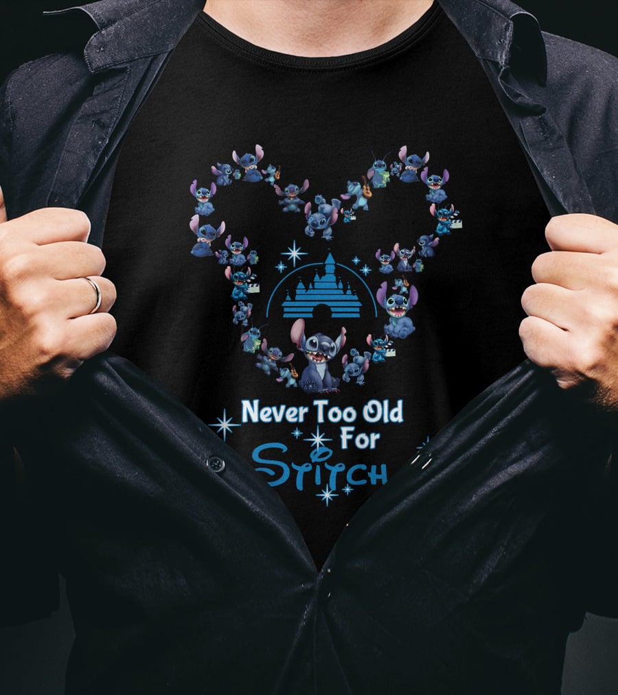 Never Too Old For Stitch Disney Castle Heart Shape T-Shirt