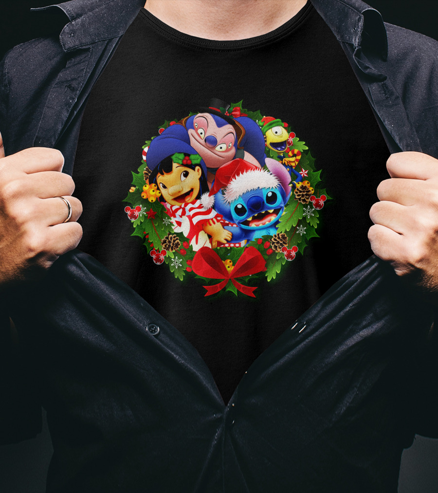 ST&FRIENDS Christmas Lilo And Stitch Holiday Wreath T-Shirt