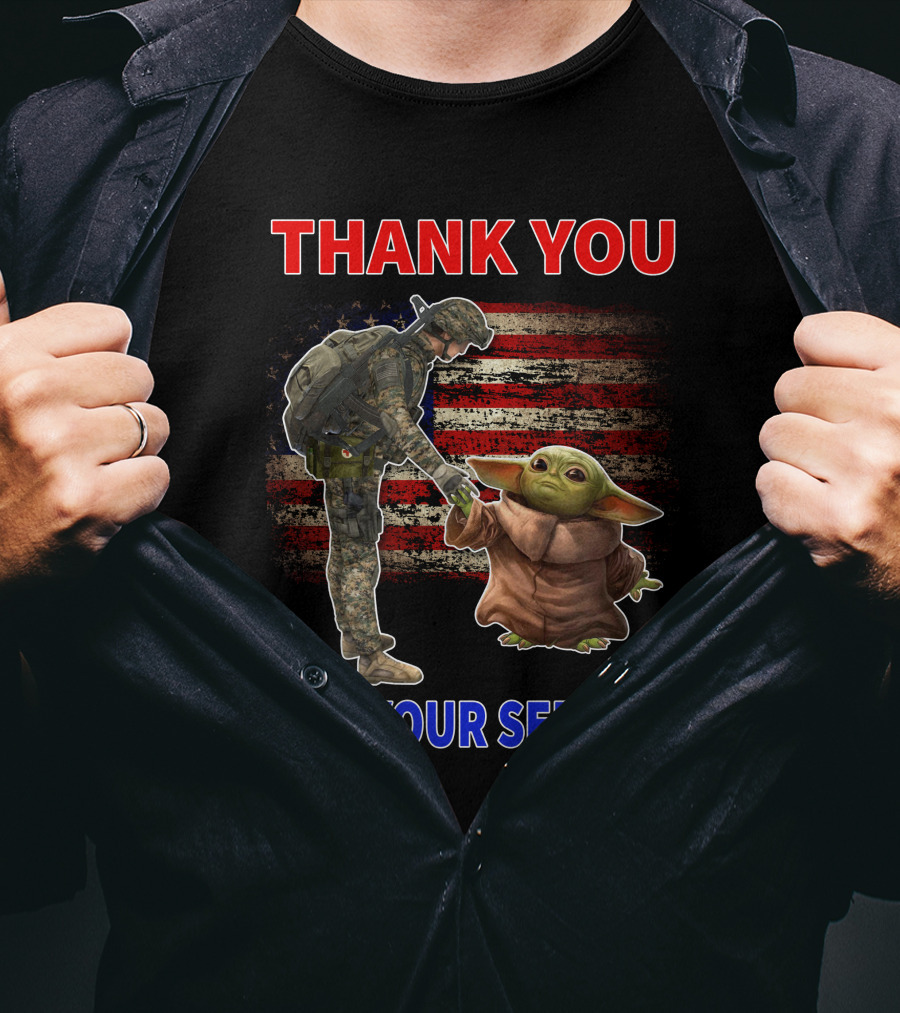 Thank You For Your Service Baby Yoda American Flag Soldier Handshake T-Shirt