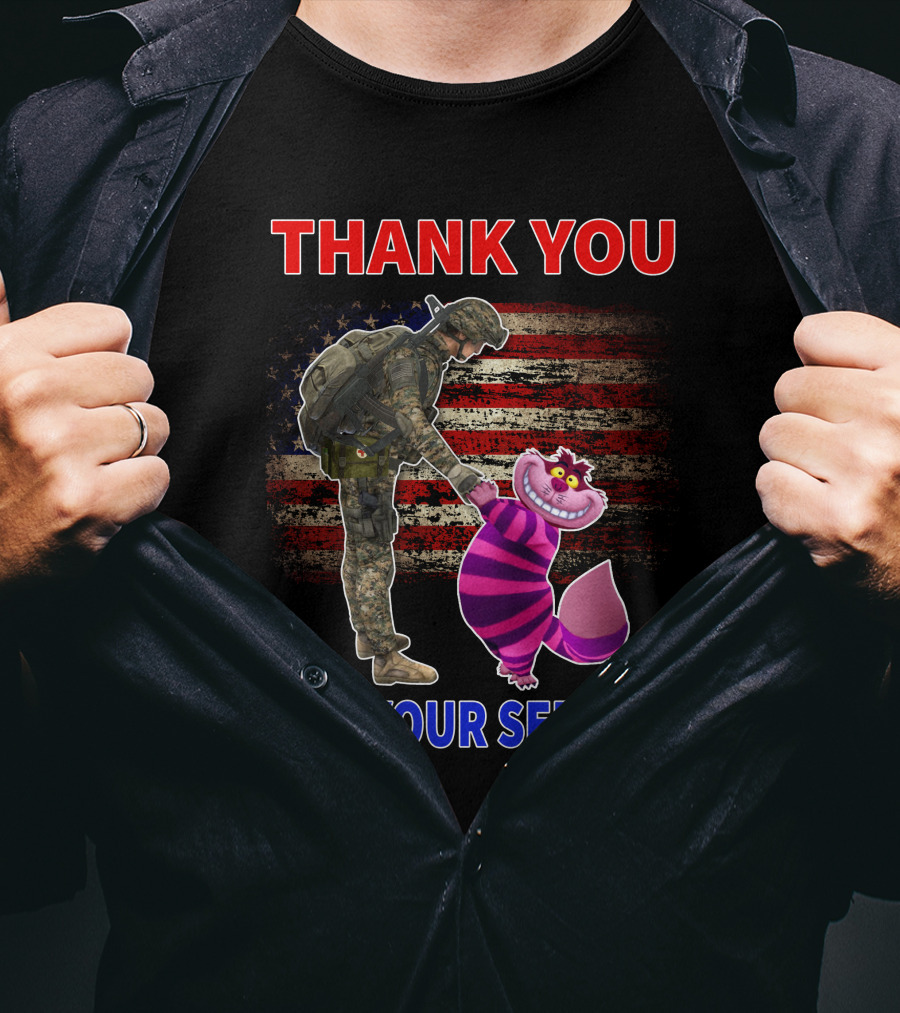 Cheshire Cat Thank You For Your Service Soldier With American Flag Background T-Shirt