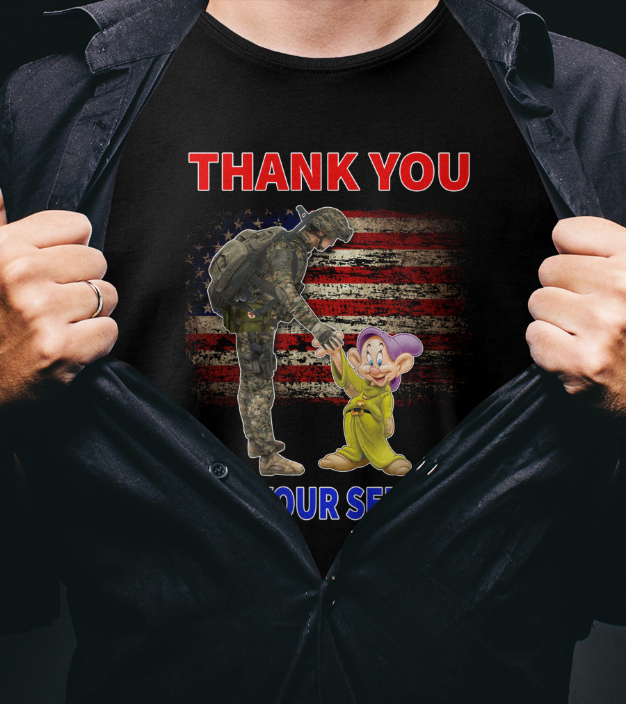 Thank You For Your Service With Soldier And Dopey American Flag Background T-Shirt