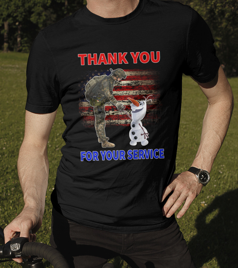 Thank You For Your Service Soldier With Olaf And American Flag T-Shirt