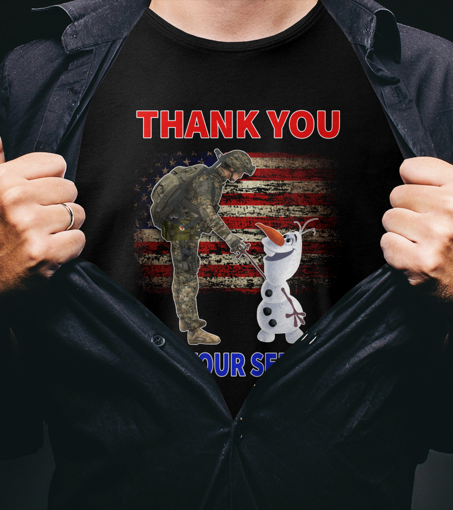 Thank You For Your Service Soldier With Olaf And American Flag T-Shirt