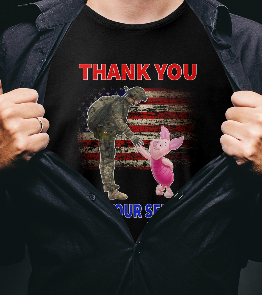 Thank You For Your Service Piglet Soldier American Flag T-Shirt