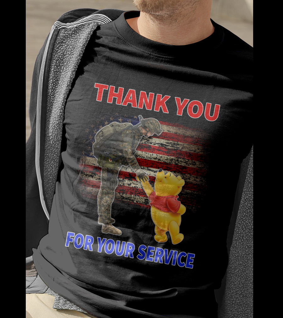 Thank You For Your Service Soldier And Pooh With American Flag Background T-Shirt