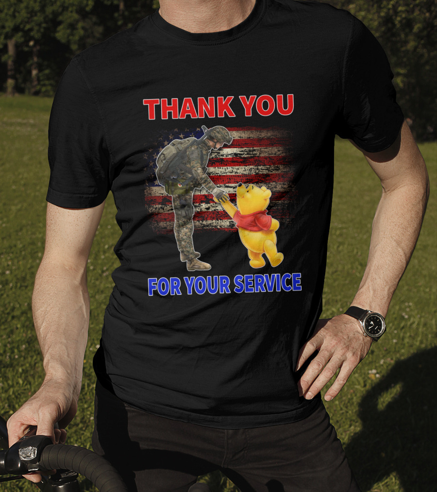 Thank You For Your Service Soldier And Pooh With American Flag Background T-Shirt